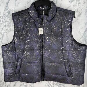 ID Ideology Womens Puffer Vest 3X Deep Black, purple with Speckle foil design